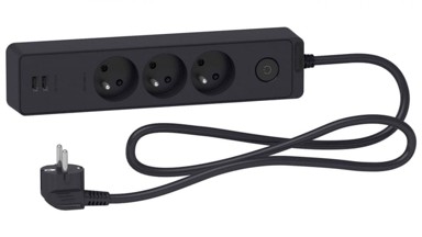 SCHNEIDER Odace produžni kabel s 3 utičnice 2x USB priključka, 1,5 m ST933U1B, antracit