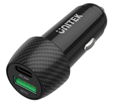 UNITEK Auto punjač P1400A, 38 W, 1× USB-A, 1× USB-C, Quick Charge 3.0