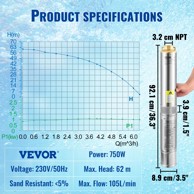 Dubinska potopna pumpa, 750 W, 105L-min