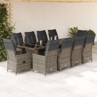 Vrtni bistro set od poli-ratana, 11 dijelova, s jastucima, bez naslona za noge, staklo, sivi