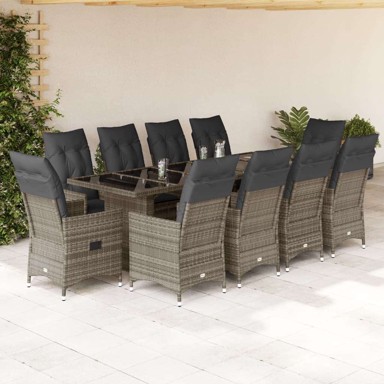 Vrtni bistro set od poli-ratana, 11 dijelova, s jastucima, bez naslona za noge, staklo, sivi