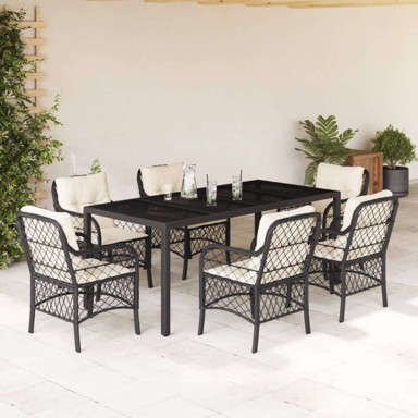7-dijelni vrtni set s jastucima od poli-ratana, stol 190 cm, crno-krem