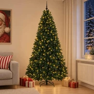 Umjetno božićno drvce s crnim kuglicama, 270 cm, Ø 128 cm, PVC i metal, 2978 PVC vrhova, 600 LED lampica, toplo bijelo svjetlo, tamnozeleno