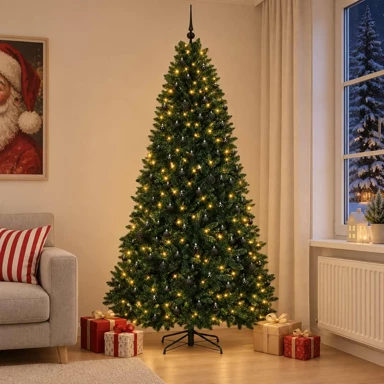 Umjetno božićno drvce s crnim kuglicama, 270 cm, Ø 128 cm, PVC i metal, 2978 PVC vrhova, 600 LED lampica, toplo bijelo svjetlo, tamnozeleno