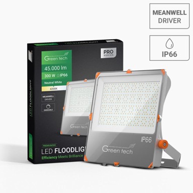 GREEN TECH Premium LED reflektor, 300 W, 150 lm/W, 4200 K, IP66, Meanwell XLG