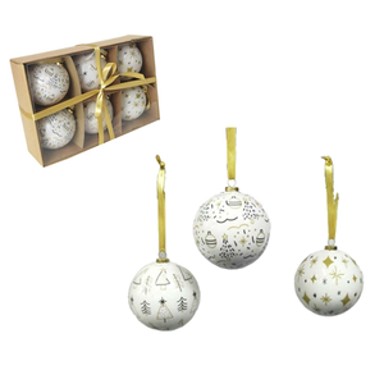 Božićne kuglice, 7,5 cm, 6 kom, bijela sa zlatnim detaljima