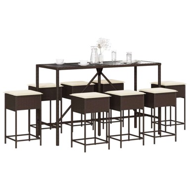 Vrtni barski set stol i stolice, 9-dijelni, poliratan s jastucima, 180 × 70 × 110 cm, smeđi