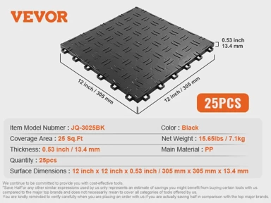 VEVOR Pločice za garaže s međusobnim povezivanjem za potpunu zaštitu podova, crne, 25 kom
