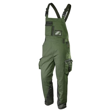 NEO TOOLS Camo radne hlače s naramenicama, veličina L, maslinaste