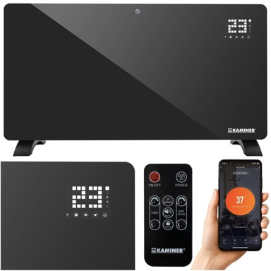 KAMINER stakleni konvektorski grijač, 2500 W, Wi-Fi, crni