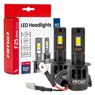 AMIO LED žarulje za prednja svjetla F25 PRO BLACK CANBUS, H3, do 210% više svjetla, 6000 K