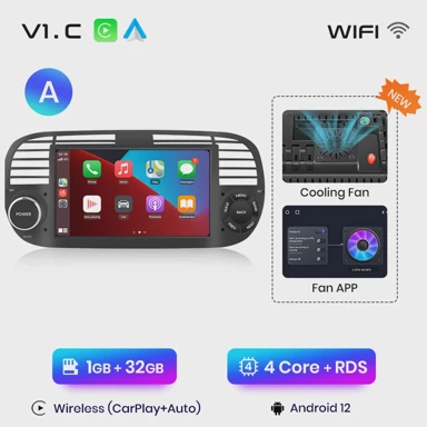 Auto radio za FIAT 500 500c 2007, 2015, multimedijalna GPS navigacija, Android 12, V1Pro C, 1GB, 32GB