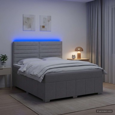 LED okvir za krevet s madracem 180 x 200 cm, tkanina, svjetlosivi