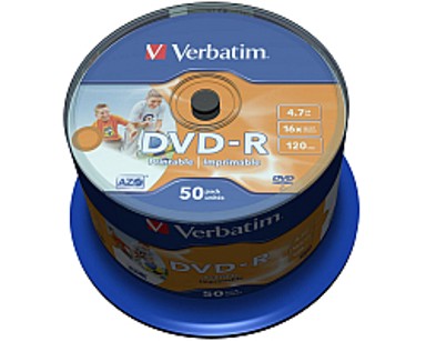 VERBATIM DVD-R medij, Wide Inkjet Printable, 16×, 4,7 GB, spindle, 50 kom