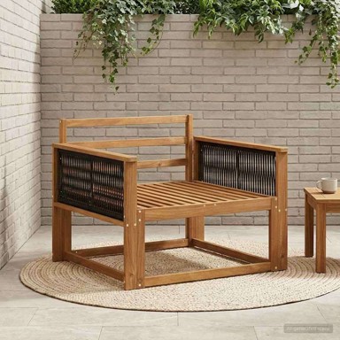 Srednja vrtna sofa, čvrsto drvo akacije i uže, prirodna, crno uže