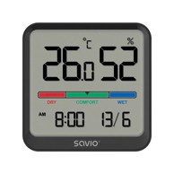 SAVIO Meteorološka stanica CT-01/B, bežična, senzor temperature i vlage, za unutarnju upotrebu, LCD zaslon, sat i datum, ručka s magnetom, crna