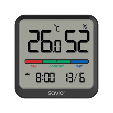 SAVIO Meteorološka stanica CT-01/B, bežična, senzor temperature i vlage, za unutarnju upotrebu, LCD zaslon, sat i datum, ručka s magnetom, crna