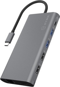 ICY BOX Priključna stanica, 12 u 1, USB-C, 3 monitora, 2 x HDMI i 1 x DP, 4K 60Hz, 3 x USB 3.0, 100 W PD, gigabitni Ethernet, čitač kartica