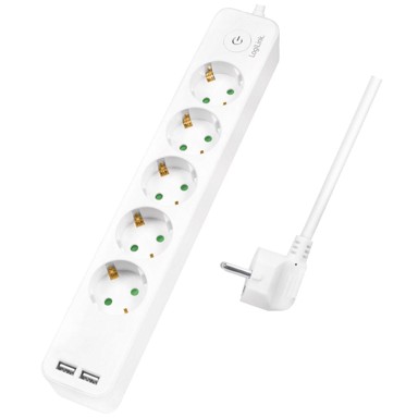 LOGILINK produžna utičnica s 5 izlaza, 2 USB-A i prekidačem, kabel 1,5 m, bijela