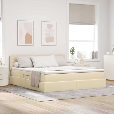 Krevet s od storage s madracem 180 x 200 cm, lažna koža, blok sa kvadratićima, krem