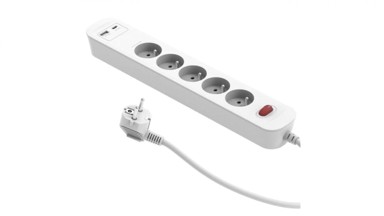 PD20 Produžni kabel za brzo punjenje, 5 utičnica s prekidačem + 2x USB (A+C), 1,4 m, bijeli