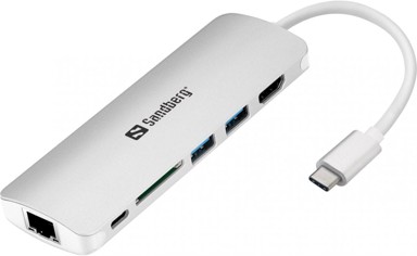 SANDBERG Docking stanica 136-18, USB-C, 2x USB-A, 1x HDMI, 1x ethernet, 1x SD/microSD, sivi