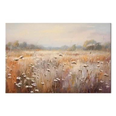 Slika Impresionistička livada, poljski krajolik u pastelnoj paleti boja, 90x60 cm