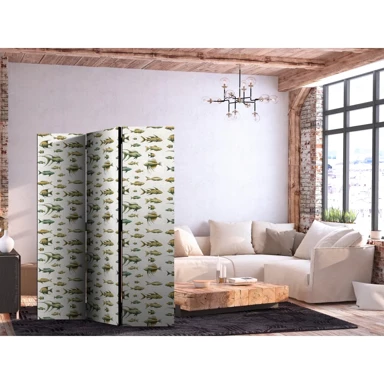 Paravan Neobične vrste riba, jato riba u prigušenim bojama u retro stilu na podlozi bež poteza, 135x172 cm, jednostrani