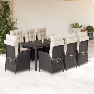 Vrtna garnitura, 9-dijelni set s jastucima, 190 x 90 x 75 cm, sa naslonom za noge, crna i krem