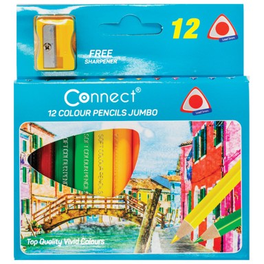 CONNECT Drvene boje Jumbo, trokutaste, kratke, 12 boja + šiljilo, blister