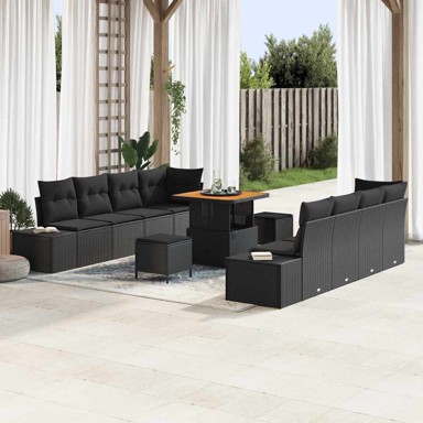 11-dijelni vrtni sofa set s jastučićima poli ratan akacija, bež, dvosedna vrtna sofa s odlaganjem i jastučićima poli ratan, bež