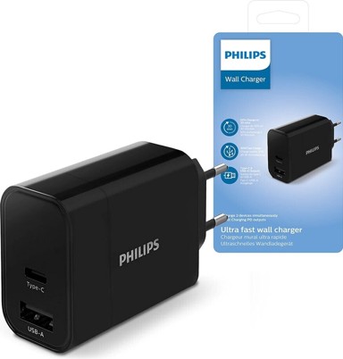 PHILIPS Zidni punjač, 1 x USB-C + 1 x USB-A, 30 W, bijela