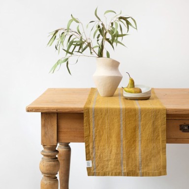 LINEN TALES Laneni nadstolnjak 200x200 cm Amber Bronze Stripes