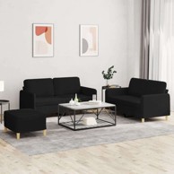 3-dijelni set sofa s jastucima s osloncem za noge tkanine, crna