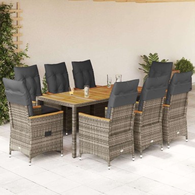 Vrtna garnitura, 9-dijelni vrtni blagovaonski set, siva od poliratana, 190 x 90 x 75 cm, PE rattan