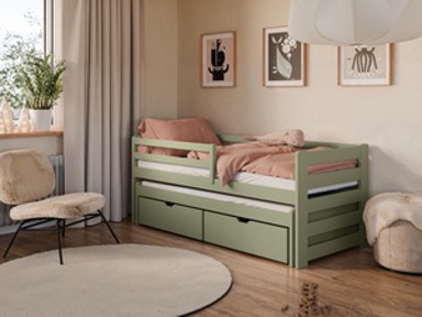 Drveni dječji krevet Senso s dodatnim krevetom i ladicom, 200 x 90 cm, olive