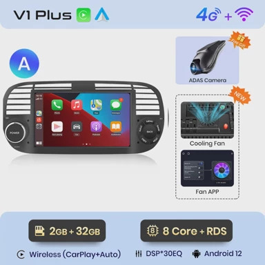 Auto radio za FIAT 500 500c 2007, 2015, multimedijalna GPS navigacija, Android 12, V1PLus, 2GB, 32GB, DVR