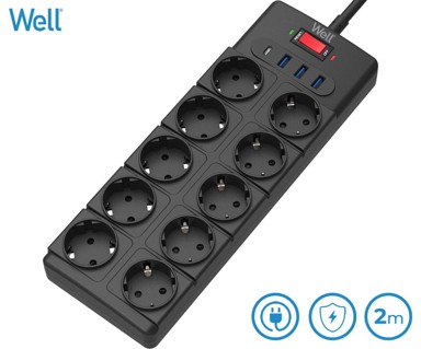 WELL Prenaponska zaštita EXTS-10S2M, 10x utičnica 230V + 3x USB, 1xUSB-C, 16A, 3680W, 2m