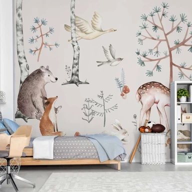 Foto tapeta Šumska zemlja, životinje naslikane akvarelom, 350x256 cm, Standard