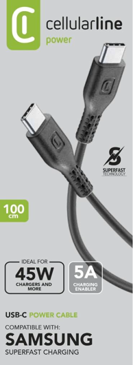 CELLULARLINE Kabel, USB-C na USB-C, 5A, 45W, 1m, crni