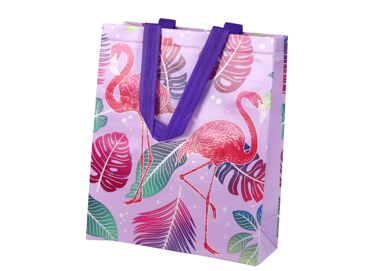 Poklon vrećica, 30,5 x 24,5 x 10 cm, ljubičasta, flamingosi