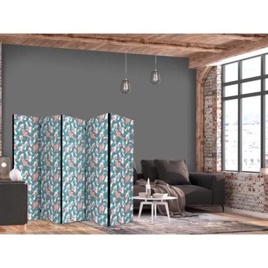 Paravan Orijentalni ribnjak, jato japanskih riba pliva u kristalno čistoj vodi s odsjajima svjetla, 225x172 cm, jednostrani