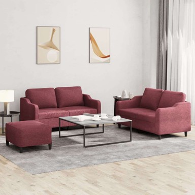 3-dijelni set sofa s jastucima i tabureom tkanine, boja crnog vina
