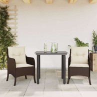 3-dijelni vrtni blagovaonski set s jastucima, poli-ratan, dužina stola 80 cm, okrugla noga, smeđi