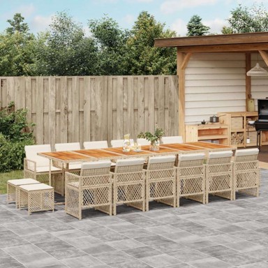 17-dijelni vrtni blagovaonski set od poli-ratana s jastucima, boja drva, bež i krem