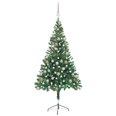 Božićno drvce umjetno, osvijetljeno s kuglicama, 150 cm, 380 grana, zeleno, rose gold kuglice