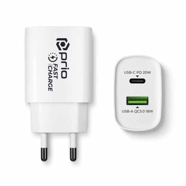 PRIO Zidni punjač, Fast Charge, 20W, PD (USB C) + QC3.0 (USB A), bijeli