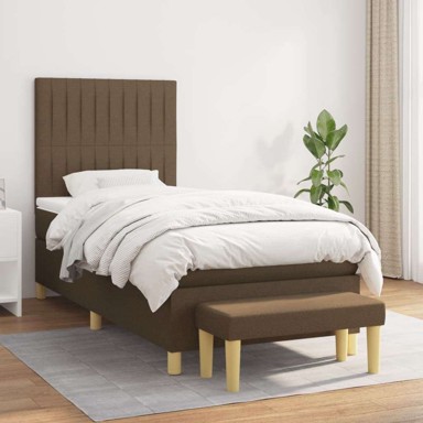 Boxspring krevet s oprugama i madracem 90 x 190 cm tkanina, okomite pruge, tamno smeđa