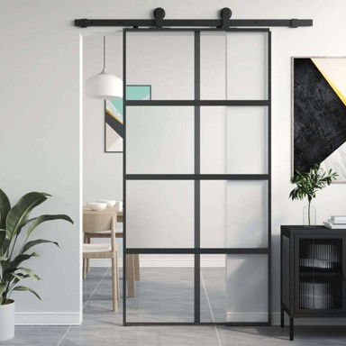 Klizna vrata crna, kaljeno staklo i aluminij, 102,5 × 205 cm, napola matirano