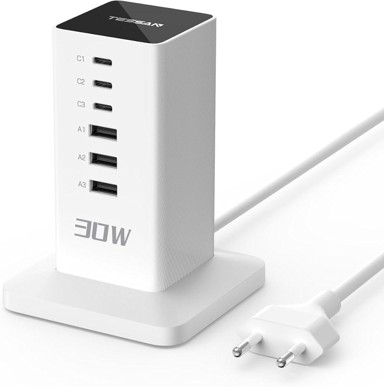 TESSAN Stolna stanica za punjenje CS04-EU-WH, snaga 30 W, 3× USB-C, 3× USB-A